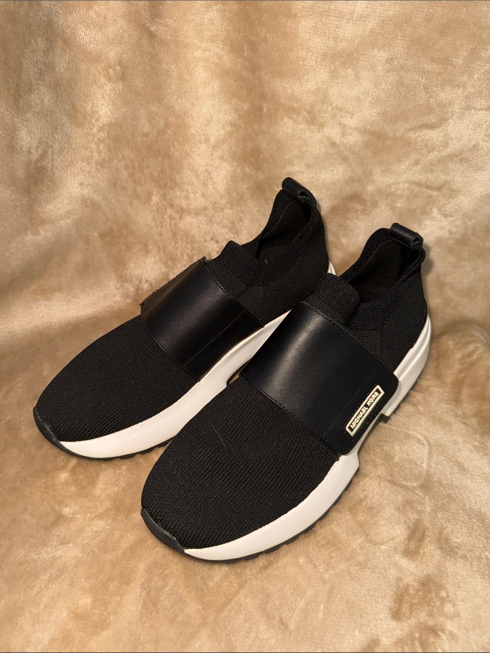 Michael Kors Black Knit Slip-On Sneakers with White Sole